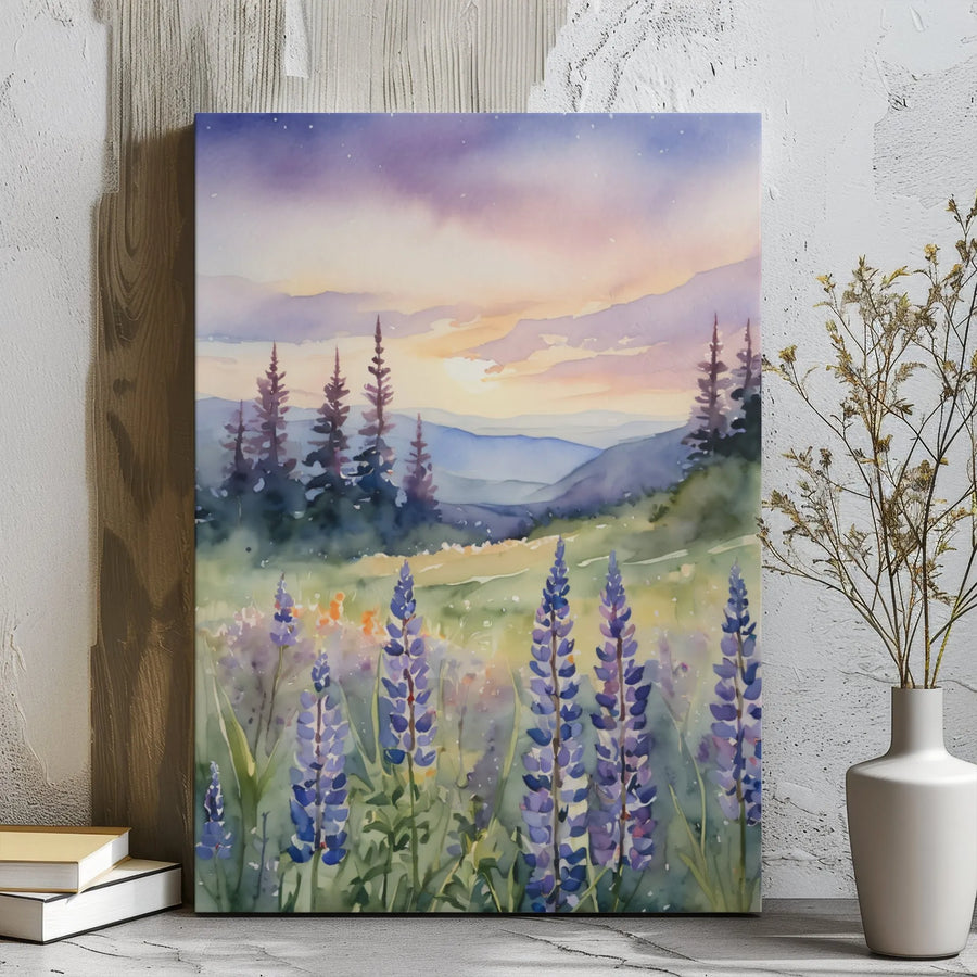 Watercolor Lupine Meadow Canvas Print | Mountain Sunset Landscape Wall Art | Gallery Wrapped Premium Decor | Nature Inspired Gift for Home