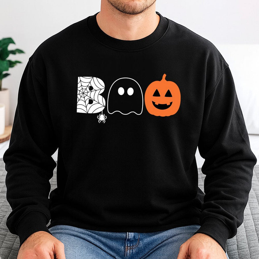 Boo Halloween Sweatshirt | Cute Ghost Spider Pumpkin Graphic | Premium Cotton Blend Crewneck | Unisex Funny Fall Holiday Gift for Adults