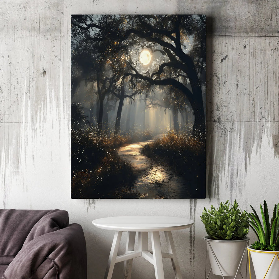 Enchanted Forest Canvas Wall Art | Moonlight Path With Fireflies | Premium Gallery Wrap Print | Whimsical Nature Home Decor Gift
