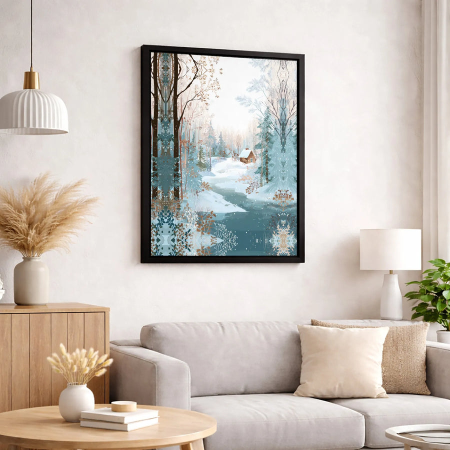 Winter Forest Canvas Wall Art | Snowy Cabin and Frozen River Landscape | Premium Fade-Resistant Print | Cozy Cabincore Home Decor Gift