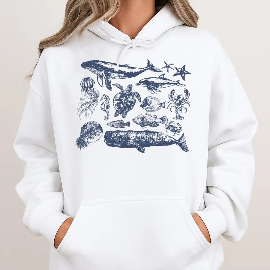 Vintage Sea Animals Hoodie | Marine Life Scientific Illustration | Premium Cotton Blend | Gift for Ocean Lover