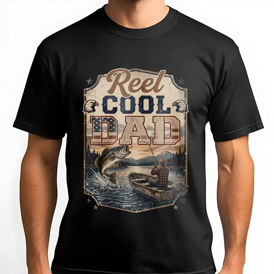 Reel Cool Dad Fishing T-Shirt | Vintage American Flag Bass Graphic | Premium Cotton Blend | Father's Day Gift for Fisherman Dad