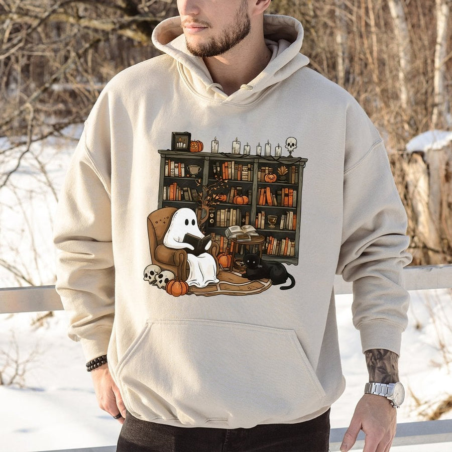 Ghost Reading Books Hoodie | Cute Librarian Halloween Graphic | Premium Cotton Blend | Cozy Autumn Gift for Book Lovers & Teachers