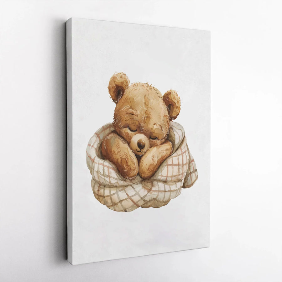 Sleeping Teddy Bear Canvas Wall Art | Watercolor Bear in Plaid Blanket | Premium Gallery Wrapped Print | Cute Nursery Decor Gift for Baby Room