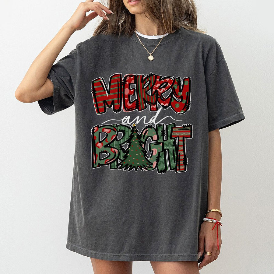Merry And Bright Christmas T-Shirt | Festive Holiday Tree Graphic | Premium 100% Cotton Tee | Cute Christmas Gift For Women And Men