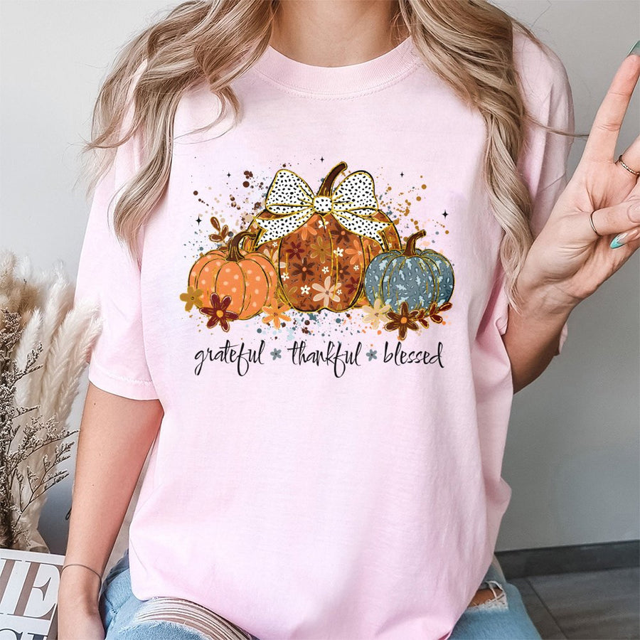 Grateful Thankful Blessed Pumpkin T-Shirt | Fall Aesthetic Watercolor Graphic | Premium Soft Cotton | Thanksgiving Gift for Women & Fall Lovers
