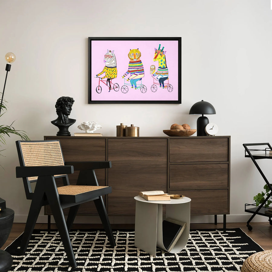 Whimsical Animal Wall Art | Zebra Tiger Giraffe Riding Bicycles | Premium Gallery Wrap Canvas | Cute Nursery Decor or Kids Room Gift