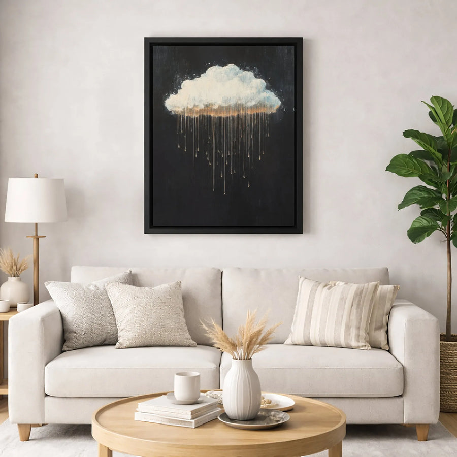 Abstract Cloud Canvas Wall Art | Dripping Gold Rain Design | Premium 1.25-Inch Gallery Wrap | Modern Home Decor Gift