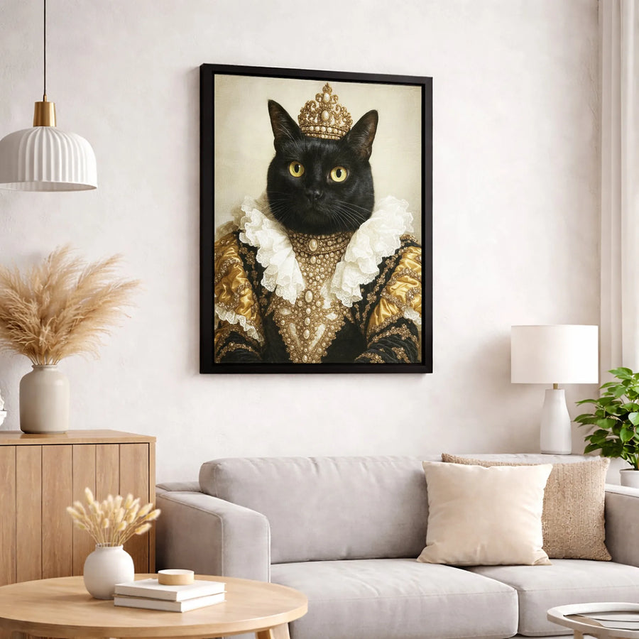Royal Queen Black Cat Canvas Wall Art | Regal Renaissance Pet Portrait | Premium Gallery Wrap Print | Unique Gift for Cat Lovers & Decor