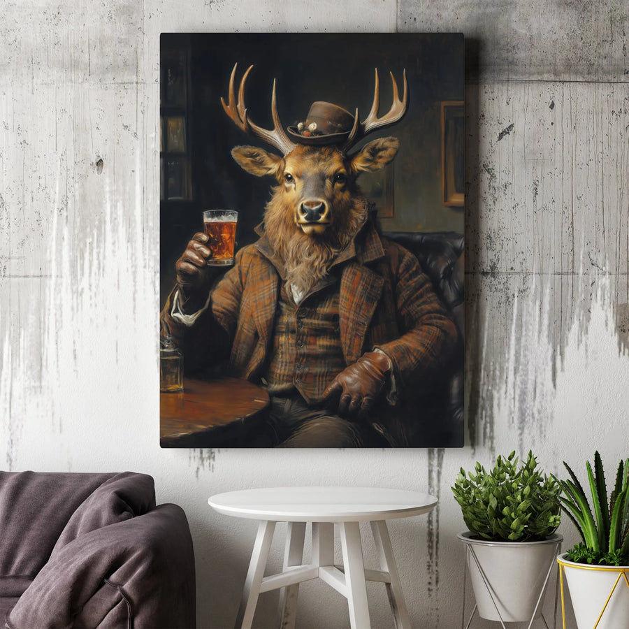 Dapper Deer Canvas Wall Art | Anthropomorphic Stag in Plaid Suit | Premium 1.25" Gallery Wrap | Man Cave Decor and Bar Room Gift