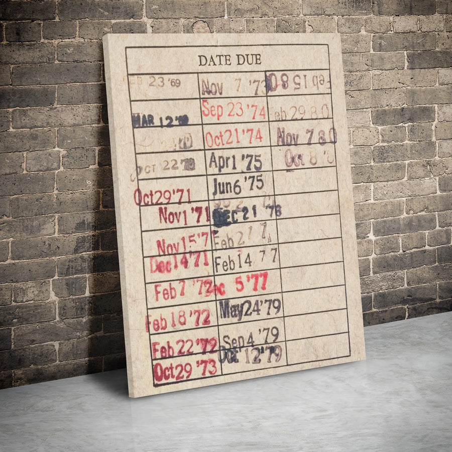 Vintage Library Due Date Card Canvas Wall Art | Retro Book Lover Aesthetic Decor | Premium Gallery Wrap Print | Unique Gift for Readers & Librarians