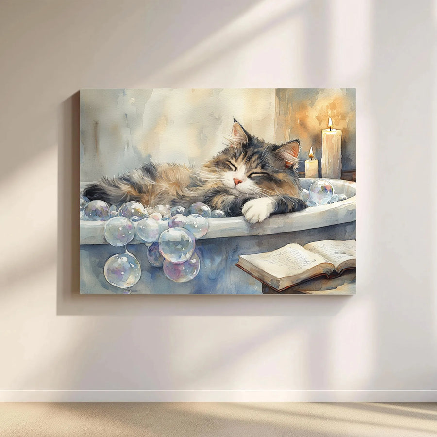 Cozy Cat Canvas Wall Art | Whimsical Watercolor Print of Cat Napping in Bubble Bath | Premium Gallery Wrapped Canvas | Bathroom Decor Gift for Cat Lover