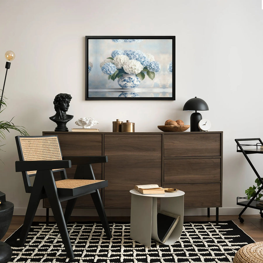 Blue And White Hydrangea Canvas Art | Still Life Floral Painting in Chinoiserie Vase | Premium Gallery Wrapped Decor | Elegant Home Gift