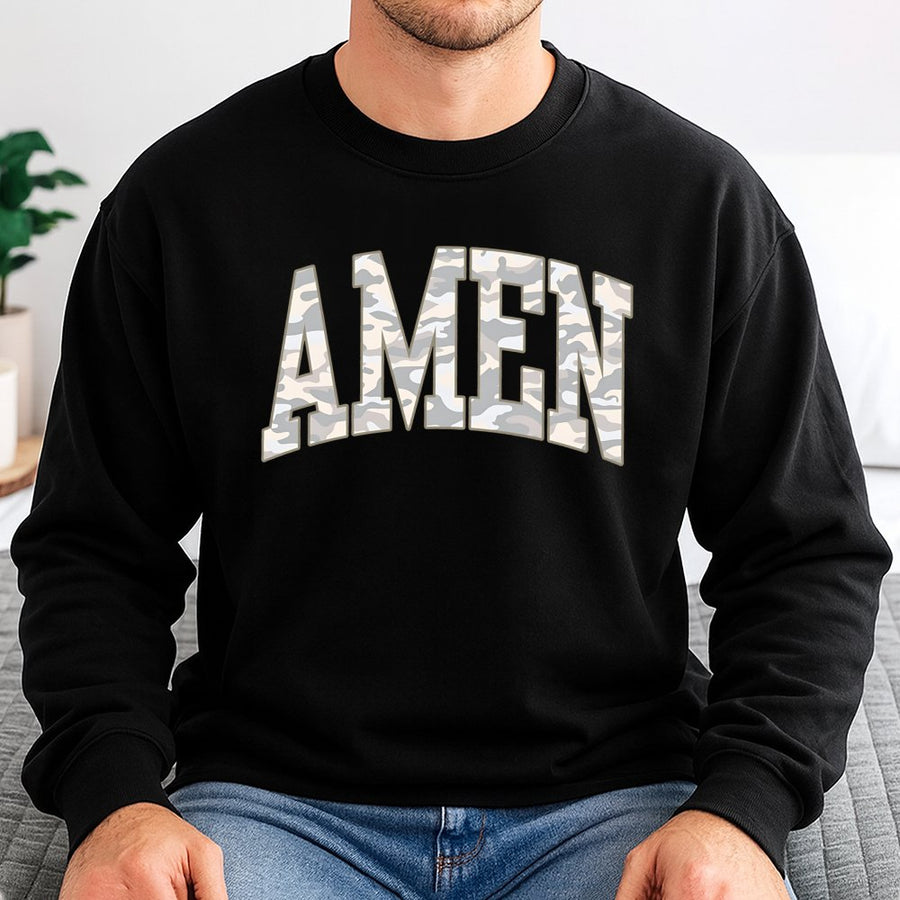 Amen Camo Sweatshirt | Christian Faith Graphic Crewneck | Soft Cotton Blend Unisex Apparel | Religious Gift for Men and Women