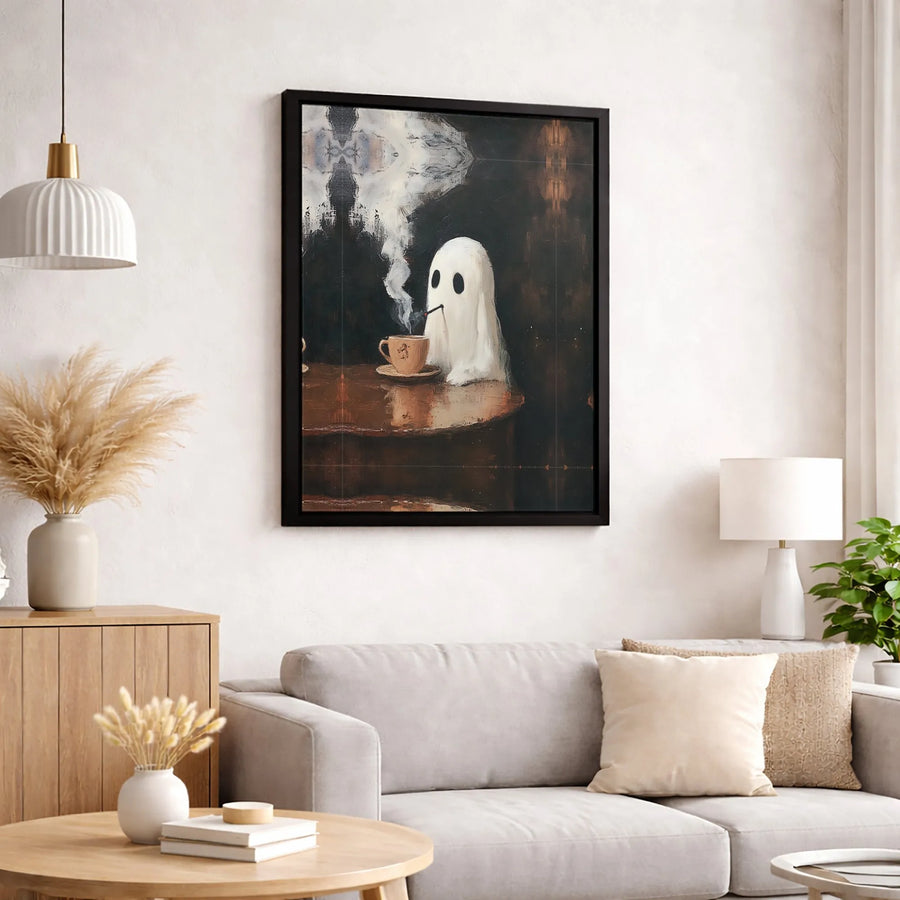 Ghost With Coffee Canvas Print | Whimsical Smoking Ghost Oil Painting Style | 1.25 Inch Gallery Wrap | Spooky Aesthetic Home Decor Wall Art