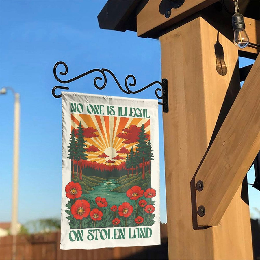 No One Is Illegal On Stolen Land Garden Flag | Retro Sunrise Poppy Nature Design | Durable Weather-Resistant Polyester | Social Justice Yard Decor Gift