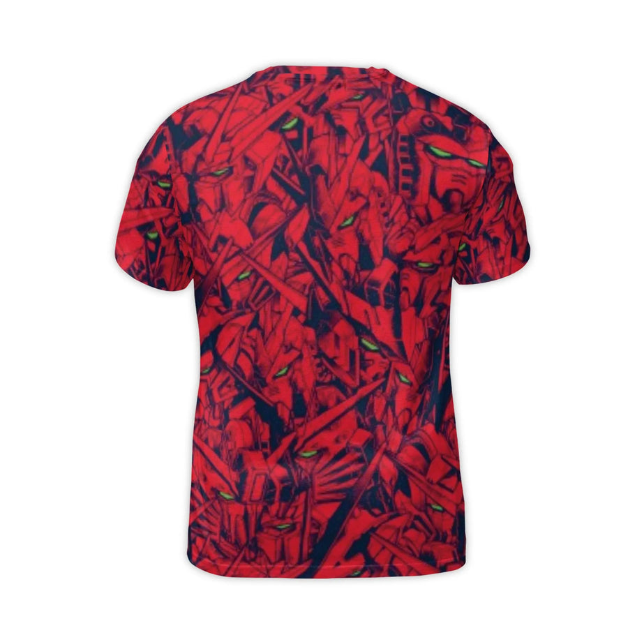 Mecha Robot Graphic Tee | All-Over Red Sci-Fi Anime Pattern | Premium Polyester Spandex | Gift for Gamers and Science Fiction Fans