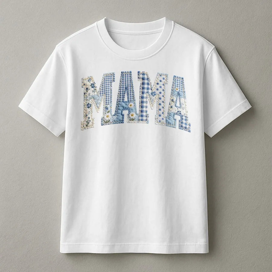 Mama T-Shirt | Blue Country Patchwork Print Letters | Premium Soft Cotton | Mother's Day Gift for New Mom