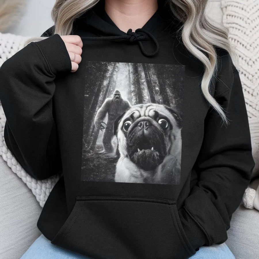 Funny Pug Bigfoot Hoodie | Retro Cryptid Dog Graphic Design | Premium Cotton Blend Sweatshirt | Unique Gift for Pug Lovers and Bigfoot Fans