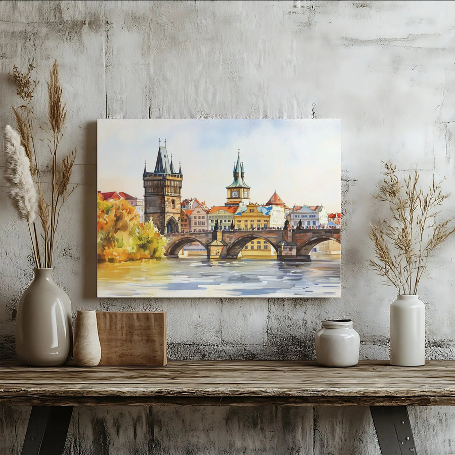 Prague Watercolor Canvas Print | Charles Bridge Cityscape Painting | Premium Gallery Wrap Wall Art | Living Room Decor Gift for Traveler