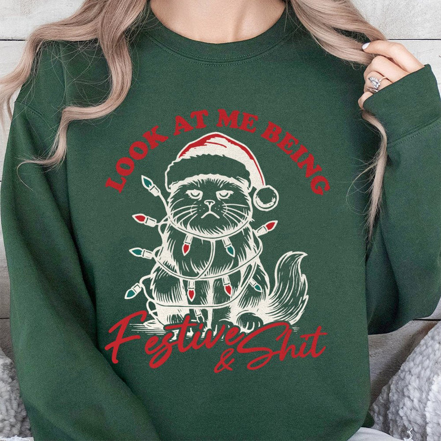 Funny Cat Christmas Sweatshirt | Grumpy Kitten In Santa Hat | Premium Cotton Blend | Sarcastic Holiday Gift For Cat Lovers