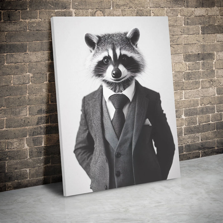 Dapper Raccoon Canvas Art | Gentleman Animal in Suit Portrait | Premium Gallery Wrap Wall Decor | Whimsical Office and Home Gift