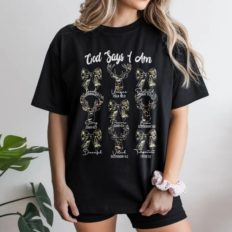 God Says I Am Deer Hunting T-Shirt | Camo Coquette Bow Faith Graphic | Premium Cotton Unisex Tee | Religious Bible Verse Gift for Hunters
