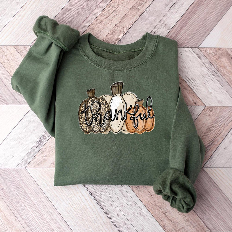 Thankful Pumpkin Sweatshirt | Leopard Print Fall Aesthetic | Cotton Blend Cozy Crewneck | Thanksgiving Outfit Gift for Women