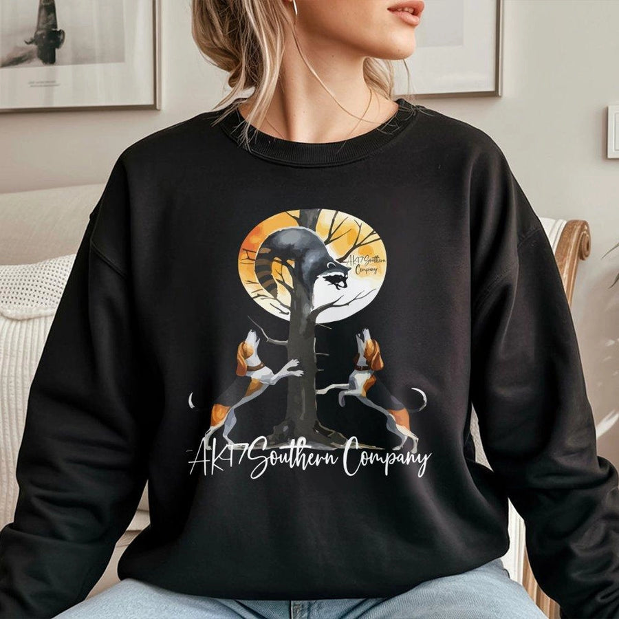 Treeing Coonhound Sweatshirt | Raccoon Hunting Graphic Design | Premium Cotton Blend Crewneck | Outdoor Hunter Gift for Men and Women