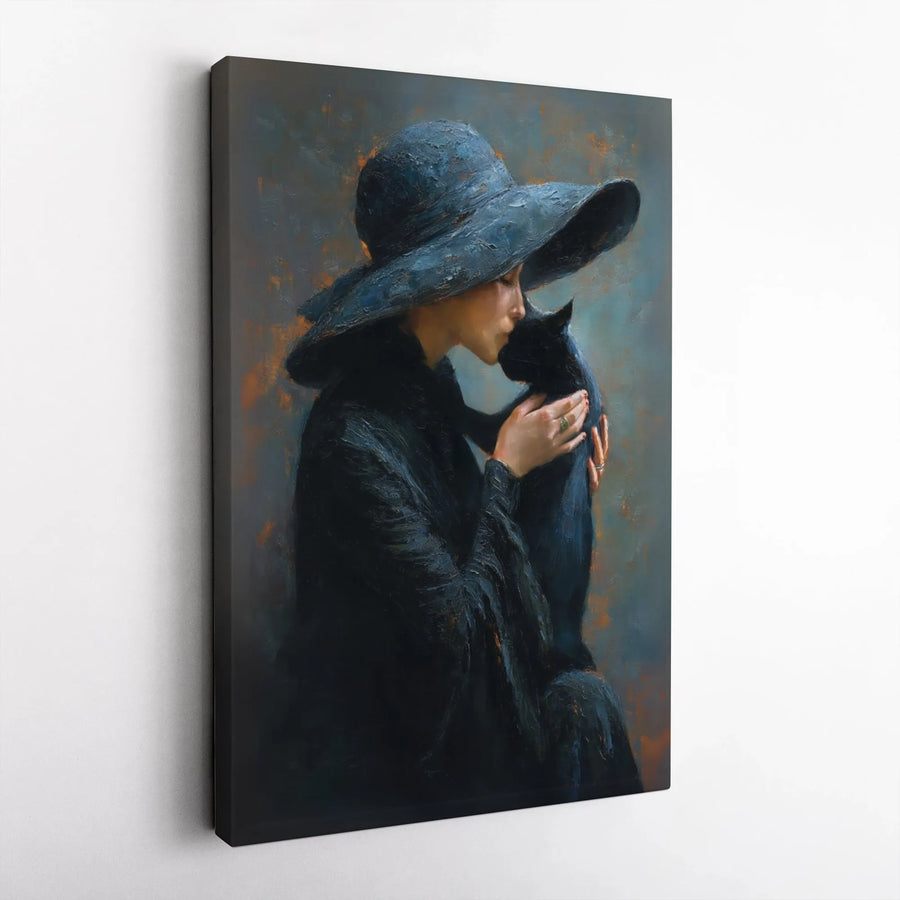 Elegant Woman and Black Cat Canvas Print | Vintage Oil Painting Style Art | Thick Gallery Wrap Canvas | Dark Academia Home Decor Gift for Cat Lovers