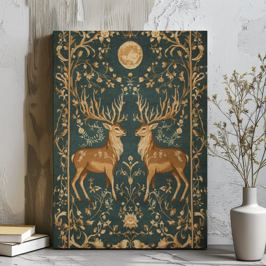 Two Stags Canvas Wall Art | Moonlit Woodland Deer Tapestry Design | Premium Gallery Wrap Print | Nature-Inspired Home Decor Gift