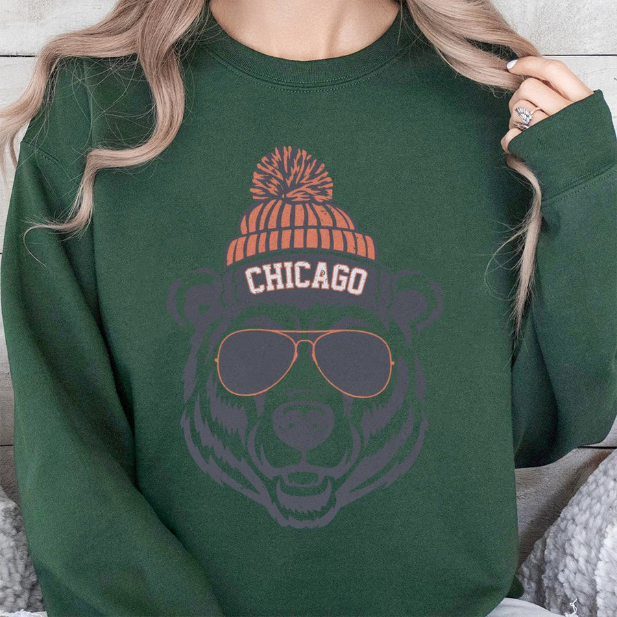Chicago Bear Wearing Sunglasses And A Beanie Sweatshirt