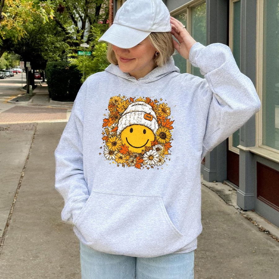 Autumn Smiley Face Hoodie | Retro Fall Floral Beanie Aesthetic | Cotton Blend Pullover | Cozy Thanksgiving Sweatshirt Gift for Women