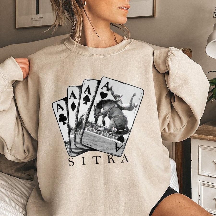 Rodeo Cowboy Sweatshirt | Western Playing Cards Graphic Design | Premium Cotton Blend | Gift for Rodeo Fans and Western Style Enthusiasts