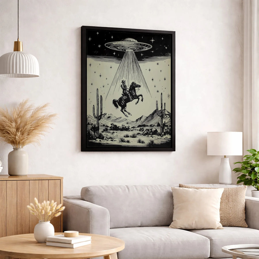 Alien Abduction Cowboy Canvas Print | Vintage Western Sci-Fi Art | Gallery-Quality 1.25-Inch Profile | Unique Gift for Western & Space Fans