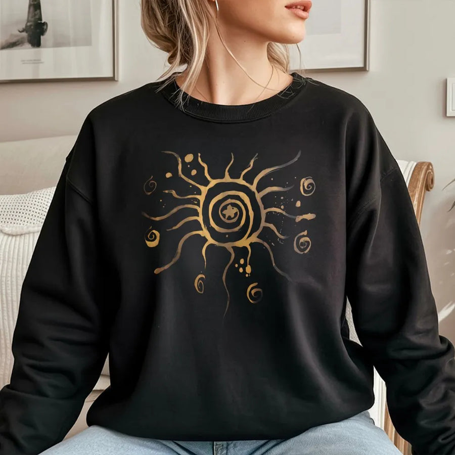 Celestial Sun Sweatshirt | Gold Boho Spiral Graphic Art | Premium Cotton Blend Crewneck | Unisex Aesthetic Spiritual Gift for Her