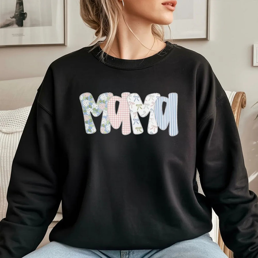 Floral Preppy Mama Sweatshirt | Coquette Patchwork Graphic Tee | Soft Cotton Classic Fit | Gift for New Mom on Mother's Day