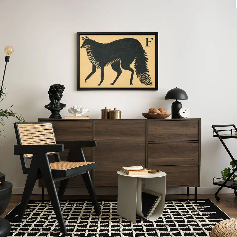 Black Fox Canvas Wall Art | Letter F Animal Illustration | Premium Gallery Wrapped Print | Modern Nursery or Living Room Decor Gift