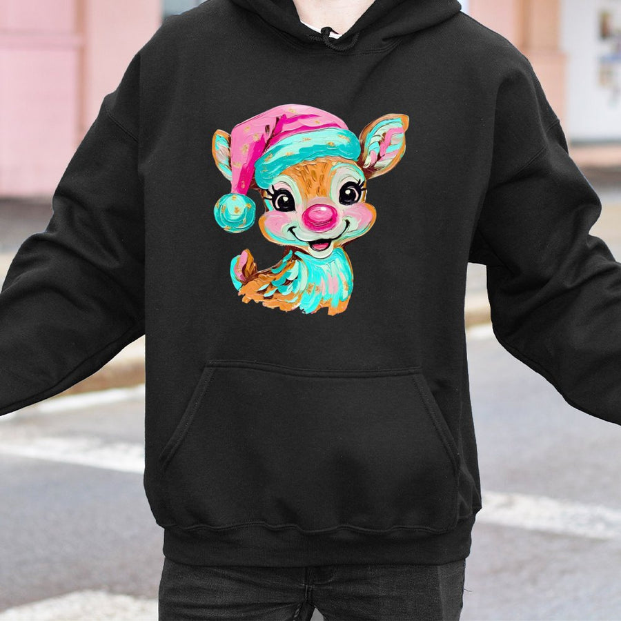 Cute Reindeer Christmas Hoodie | Retro Brushstroke Artistic Print | Soft Cotton-Blend Premium Pullover | Cozy Holiday Gift For Her & Him