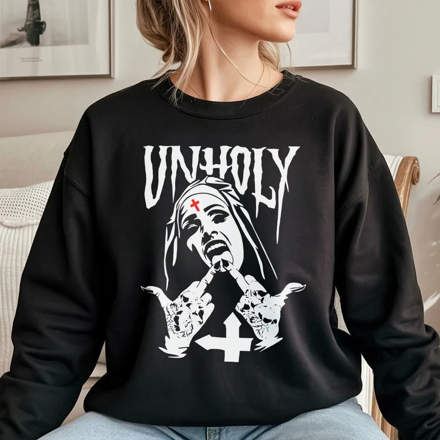 Unholy Nun Graphic Sweatshirt | Edgy Goth Streetwear Artwork | Premium Cotton Blend | Gift for Alternative Fashion Lovers