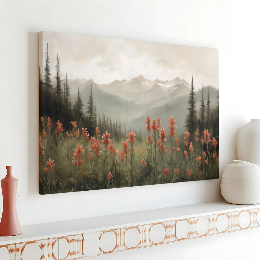 Mountain Wildflower Canvas Art | Vintage Mountain Landscape Print | Premium Gallery Wrapped Canvas | Rustic Home Decor Gift