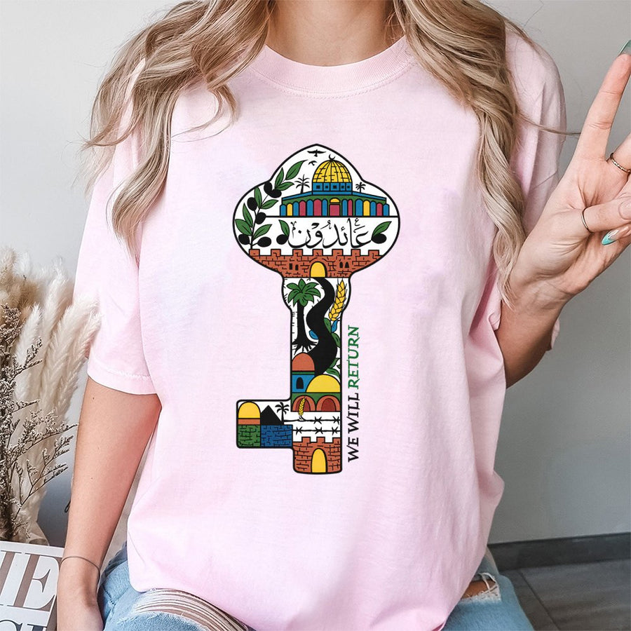 Palestine Key T-Shirt | We Will Return Cultural Graphic Design | Premium Cotton Unisex Apparel | Meaningful Gift for Palestinian Heritage Supporters