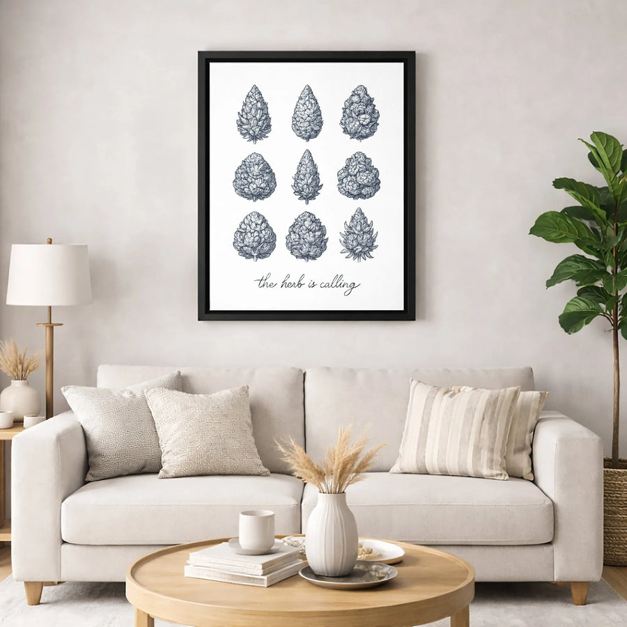 Botanical Cannabis Wall Art | The Herb Is Calling Sketch Illustration | Premium Gallery Wrapped Canvas | Modern Home Decor Gift