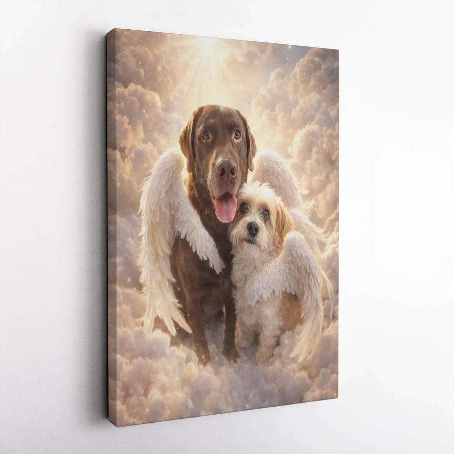 Dog Memorial Canvas Print | Angel Wing Dogs Hugging in Heaven | Premium Fade-Resistant Print | Sympathy Gift for Dog Loss