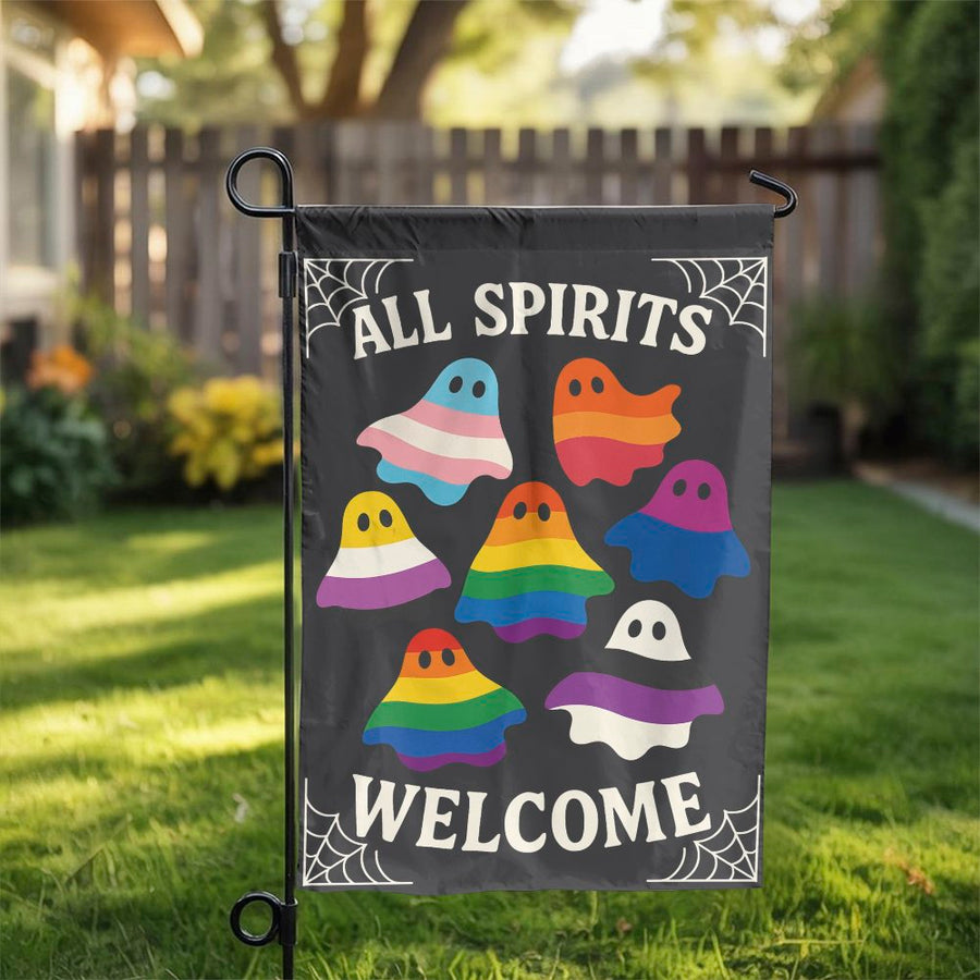 LGBTQ Pride Halloween Garden Flag | All Spirits Welcome Ghost Design | Weather-Resistant Polyester | Inclusive Yard Decor & Outdoor Gift