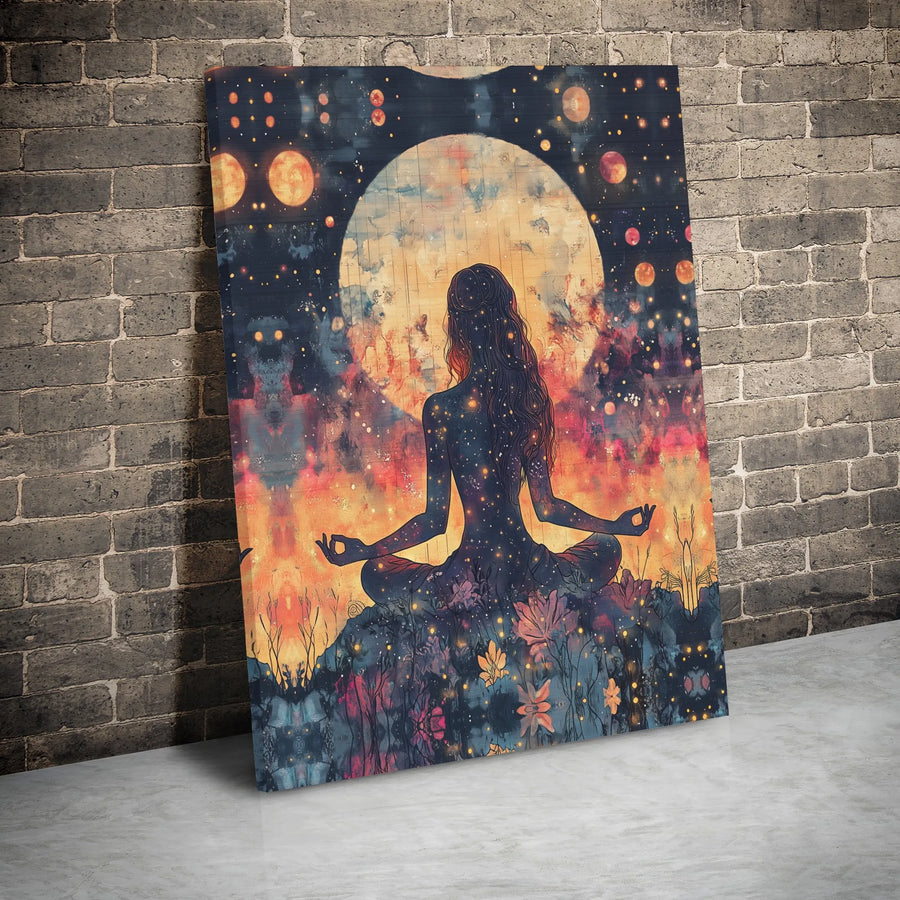 Meditating Woman Canvas Wall Art | Cosmic Moon Spiritual Zen Design | Gallery-Wrapped Premium Print | Meditation Room Decor Gift