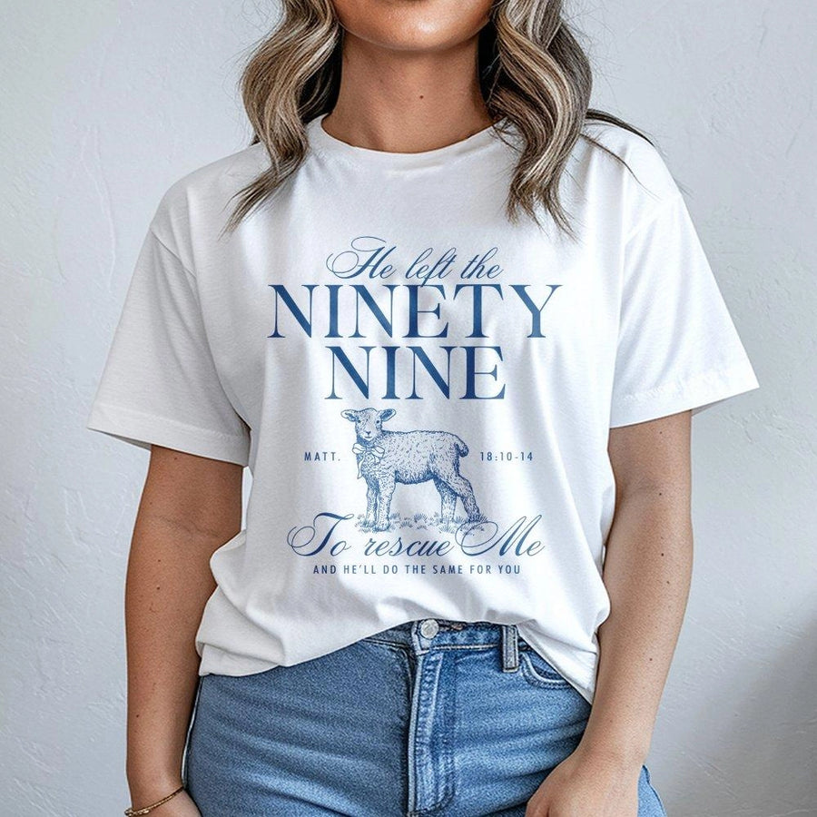 He Left The Ninety Nine T-Shirt | Bible Verse Matthew 18:10-14 Scripture Graphic | Premium 100% Cotton Tee | Christian Gift for Believers
