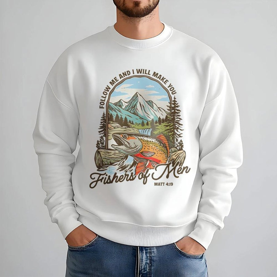 Fishers Of Men Sweatshirt | Matthew 4:19 Bible Verse Graphic | Premium Cotton Blend | Christian Fishing Gift For Men And Women