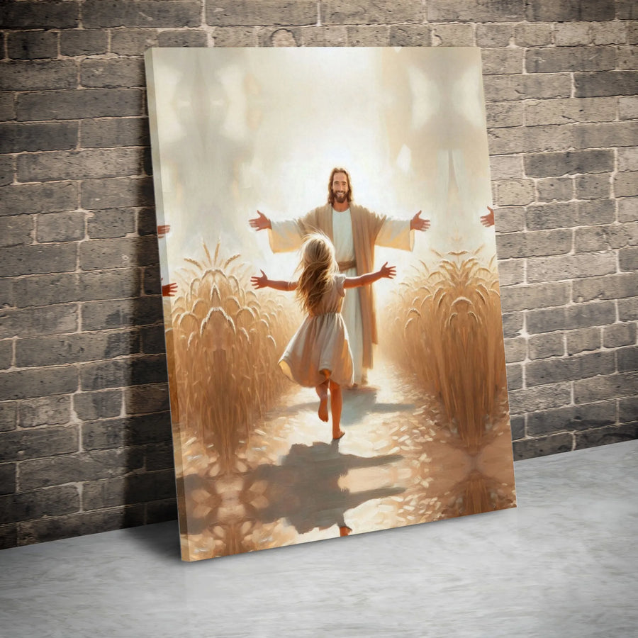 Jesus and Little Girl Canvas Print | Wheat Field Spiritual Wall Art | Gallery-Wrapped 1.25 Inch Profile | Christian Home Decor Gift