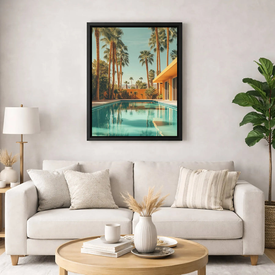 Palm Springs Mid-Century Modern Canvas Art | Retro Poolside Palm Tree Wall Decor | Premium 1.25-inch Gallery Wrap | Architecture Gift for Home